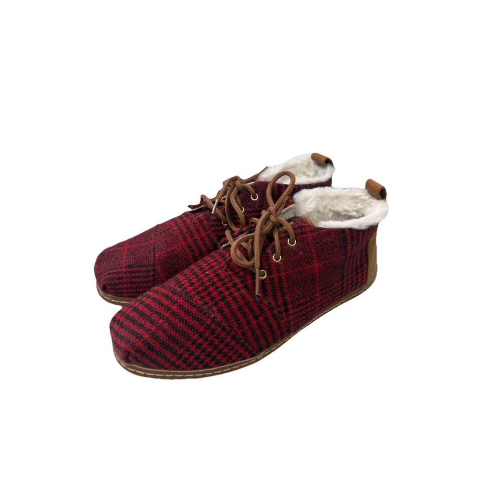 TOMS Bota Desert Boot Womens Red Plaid Faux Fur Lined Ankle Lace Up Bootie 9